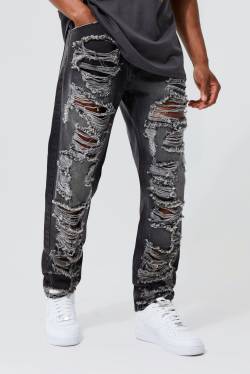 Mens Gerade Jeans mit extremen Rissen - Schwarz - 32, Schwarz von boohooman