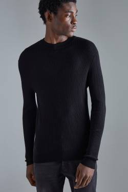 Mens Gerippter Muscle-Fit Pullover - Schwarz - XS, Schwarz von boohooman