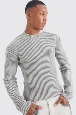 Mens Gerippter Muscle-Fit Strickpullover mit Acid-Waschung - Grau - XS, Grau von boohooman