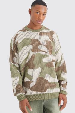 Mens Gerippter Oversize Camouflage-Strickpullover - Khaki - M, Khaki von boohooman