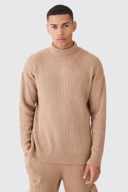 Mens Gerippter Strickpullover mit Trichterkragen - Beige - L, Beige von boohooman