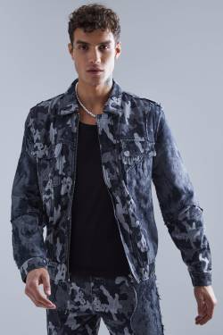 Mens Gespleißte Camouflage Jeansjacke - Schwarz - XL, Schwarz von boohooman