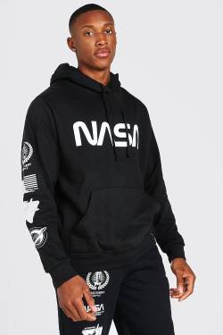 Mens Hoodie mit lizenziertem NASA Ärmel-Print - schwarz - M, schwarz von boohooman