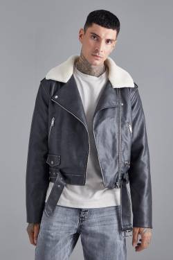 Mens Kastige PU-Bikerjacke mit Borg-Kragen - Grau - XL, Grau von boohooman