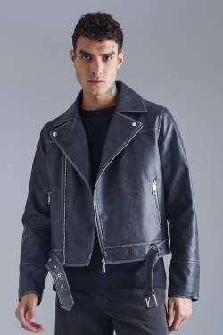 Mens Kastige Vintage PU-Bikerjacke - Grau - L, Grau von boohooman