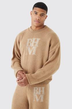 Mens Kastiger Bhm Strickpullover - Taupe - M, Taupe von boohooman