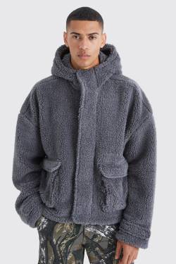 Mens Kastiger Oversize Cargo-Hoodie mit Reißverschluss - Grau - S, Grau von boohooman