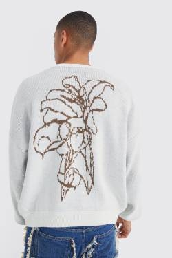 Mens Kastiger Strickpullover mit Blumen-Print - Ecru - L, Ecru von boohooman