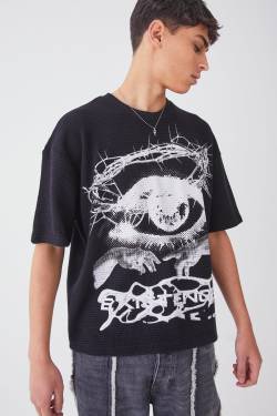 Mens Kastiges Oversize T-Shirt in Waffeloptik mit Print - Schwarz - XL, Schwarz von boohooman