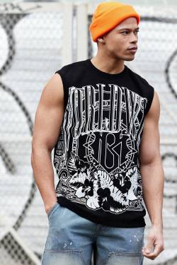 Mens Large Scale Printed Heavy Ribbed vest - Schwarz - M, Schwarz von boohooman