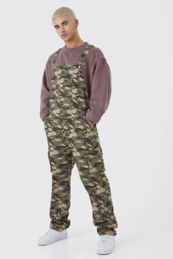 Mens Lockere Camouflage Cargo-Latzhose - Khaki - XS, Khaki von boohooman