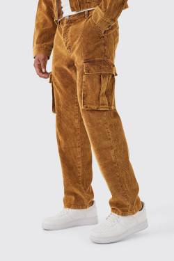 Mens Lockere Cord-Cargohose mit Acid-Waschung - Braun - 32R, Braun von boohooman