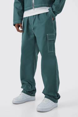 Mens Lockere Twill Cargohose mit Kontrast-Naht und elastischem Bund - Grün - L, Grün von boohooman