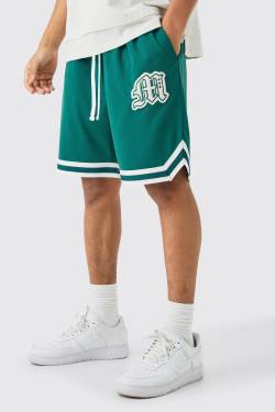 Mens Loose Fit M Applique Mesh Basketball Short - Grün - XL, Grün von boohooman