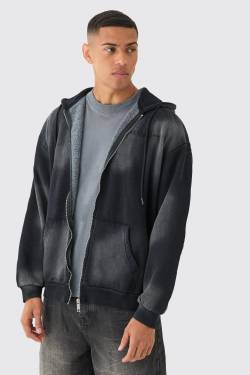 Mens Man Oversized Sun Bleach Washed Zip Through Hoodie - Schwarz - L, Schwarz von boohooman