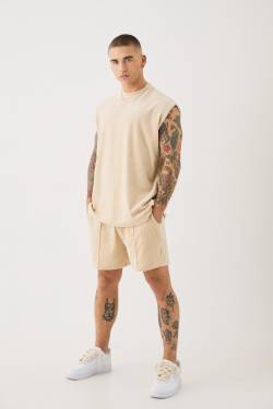 Mens Man Velour Oversized vest & Pinktuck Shorts Set - Grau - XL, Grau von boohooman