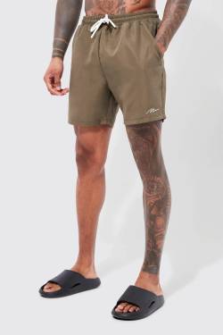 Mens Mittellange Man Signature Badehose - Khaki - S, Khaki von boohooman