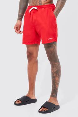 Mens Mittellange Man Signature Badehose - Rot - S, Rot von boohooman