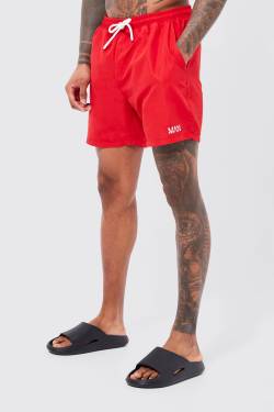 Mens Mittellange Original Man Badehose - Rot - M, Rot von boohooman