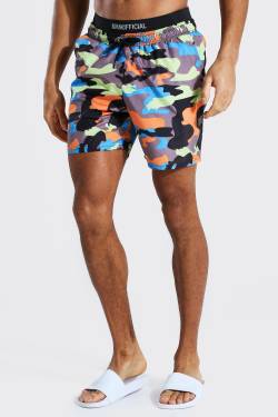 Mens Mittellange Schwimmshorts in Camo-Optik mit Man Official-Print am Bund - Mehrfarbig - S, Mehrfarbig von boohooman