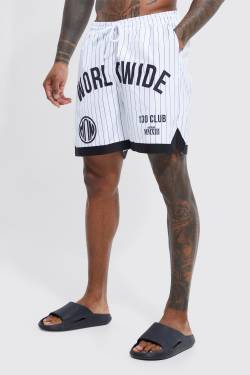 Mens Mittellange gestreifte Basketball-Badehose mit Worldwide-Print - Weiß - XS, Weiß von boohooman