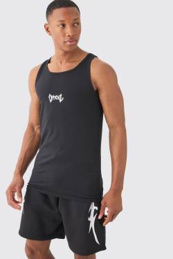 Mens Muscle Fit Graphic Official Vest & Shorts Set - Schwarz - XL, Schwarz von boohooman