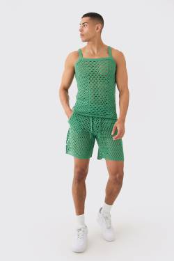 Mens Muscle Fit Knitted vest Short Set - Grün - XS, Grün von boohooman