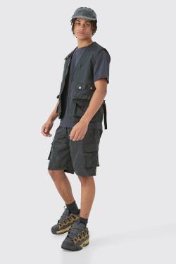 Mens Nylon Utility Vest & Short Set - Grau - S, Grau von boohooman