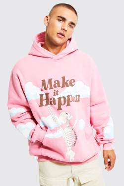 Mens Oversize Hoodie mit Skelett-Print - Rosa - S, Rosa von boohooman