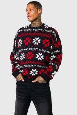 Mens Oversize Merry Christmas Pullover - Schwarz - XL, Schwarz von boohooman