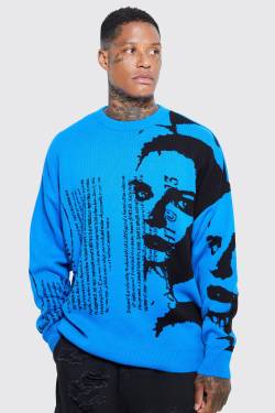 Mens Oversize Strickpullover mit Text - Blau - M, Blau von boohooman