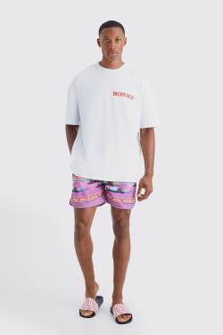 Mens Oversize T-Shirt & Badehose mit Print - Rosa - M, Rosa von boohooman