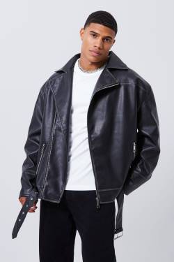 Mens Oversize Vintage PU-Bikerjacke - Schwarz - S, Schwarz von boohooman