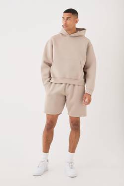 Mens Oversized Boxy Bonded Scuba Hooded Short Tracksuit - Taupe - M, Taupe von boohooman