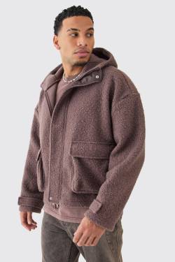 Mens Oversized Boxy Boucle Borg Zip Thru Cargo Hoodie - Braun - S, Braun von boohooman