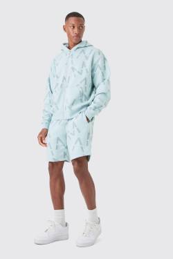 Mens Oversized Boxy Man All Over Print Zip Hoodie Short Tracksuit - Blau - XL, Blau von boohooman