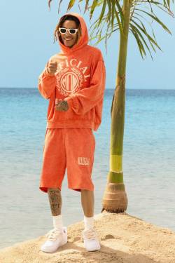 Mens Oversized Boxy Reverse Loopback Printed Hoodie Short Tracksuit - Orange - L, Orange von boohooman