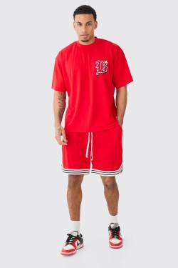 Mens Oversized Mesh Varsity Top And Basketball Shorts Set - Rot - L, Rot von boohooman
