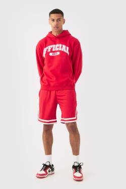 Mens Oversized Official Varsity Hoodie And Basketball Short Set - Rot - L, Rot von boohooman