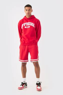 Mens Oversized Official Varsity Hoodie And Basketball Short Set - Rot - XL, Rot von boohooman