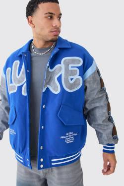 Mens Oversized Washed Sleeve Teddy Varsity Jacket - Blau - S, Blau von boohooman