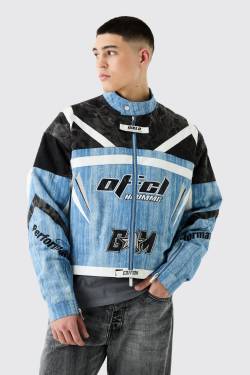 Mens Padded Moto Denim Jacket - Blau - L, Blau von boohooman