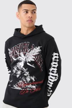 Mens Regular Fit Large Graphic Raw Hem Hoodie - Schwarz - M, Schwarz von boohooman