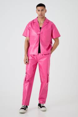 Mens Short Sleeve Boxy Revere Button Pu Shirt & Trouser Set - Rosa - L, Rosa von boohooman