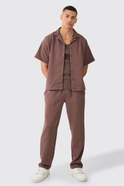 Mens Short Sleeve Boxy Textured Stretch Shirt & Trouser - Braun - XL, Braun von boohooman