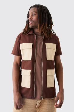 Mens Short Sleeve Contrast Pocket Twill Shirt - Braun - L, Braun von boohooman
