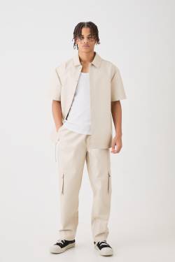 Mens Short Sleeve Drop Shoulder Pu Overshirt & Cargo Trouser Set - Beige - XL, Beige von boohooman
