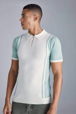 Mens Short Sleeve Muscle Fit Colour Block Polo - Grün - M, Grün von boohooman