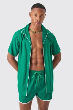 Mens Short Sleeve Plain Piping Shirt & Swim Set - Grün - M, Grün von boohooman