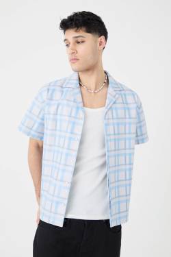 Mens Short Sleeve Revere Boxy Check Pu Shirt - Grau - L, Grau von boohooman